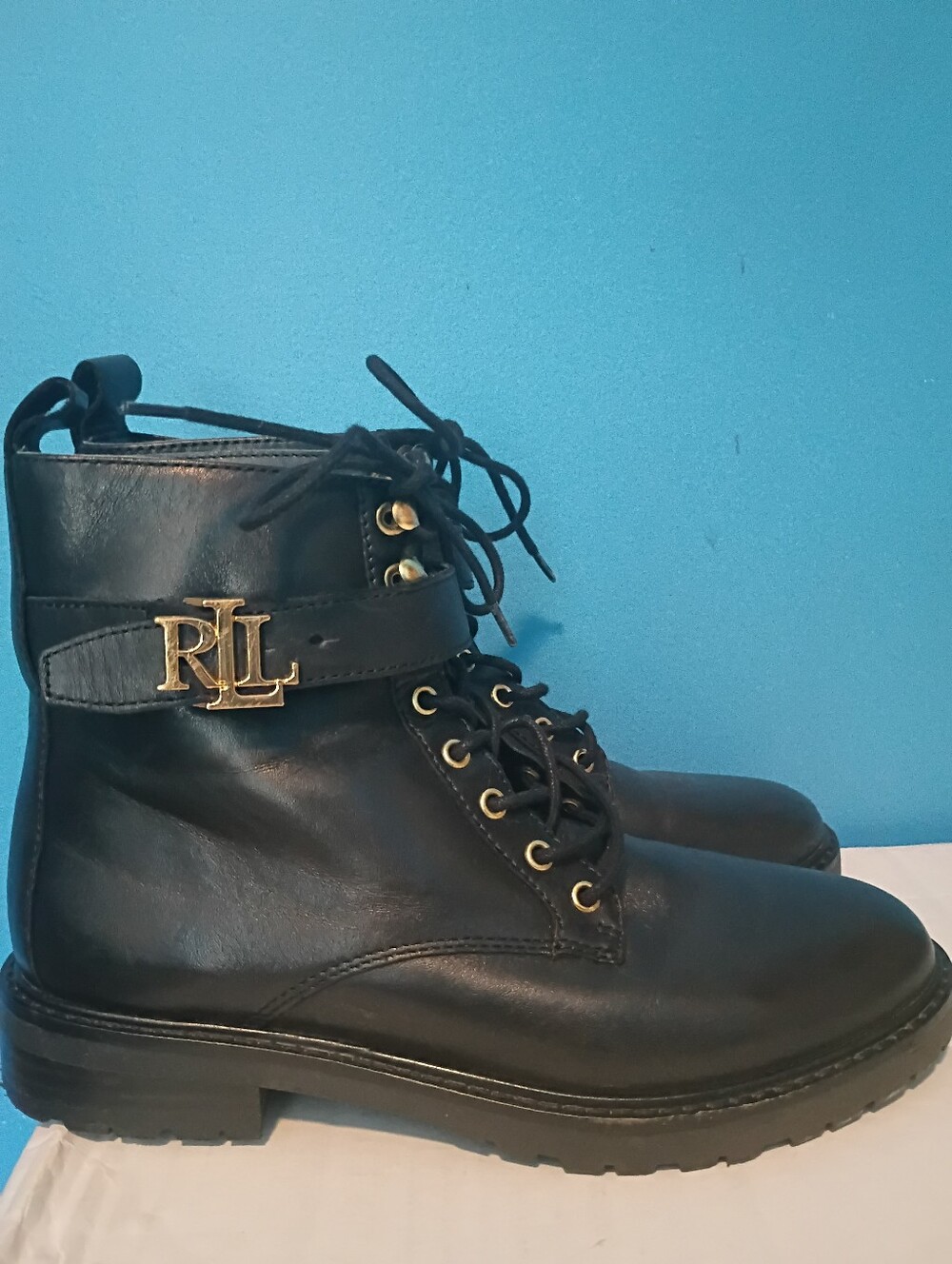 Lauren Ralph Lauren Women's Size 6 Black Leather Ankle Boots Gold Logo Buckle